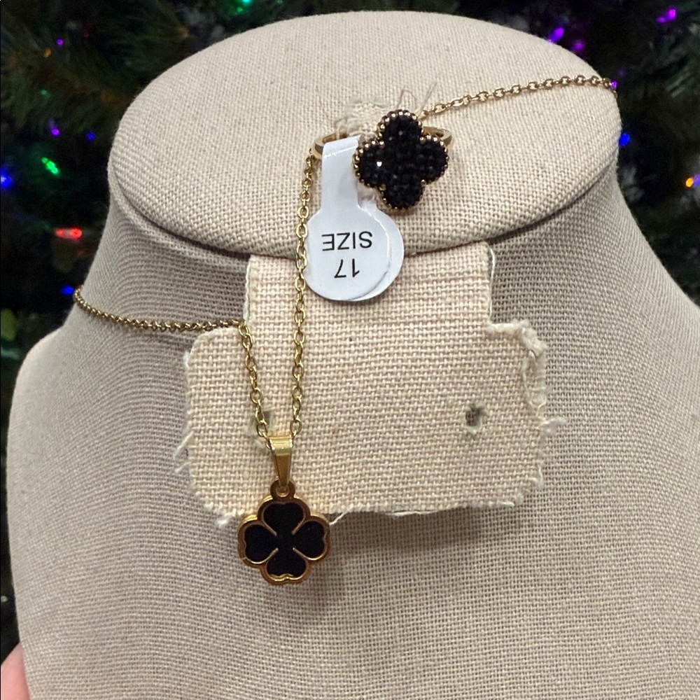 Stainless Steel Gold and Black Clover Necklace and Ring Set